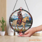 Native American Warrior Stained Glass Suncatcher Horseback Tribal Chief Window Art Western Mountain Decor Indigenous